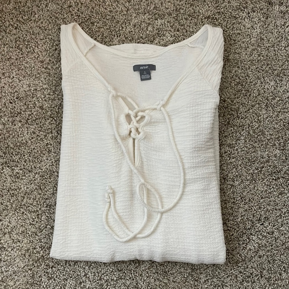 Aerie White Long Sleeved Shirt with Criss Cross Detail Size Small